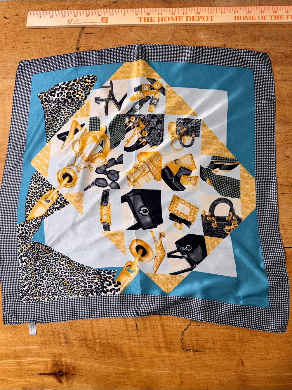 Blue, White & Gold Patterned Women’s Silk square Scarf - Picture 5 of 6